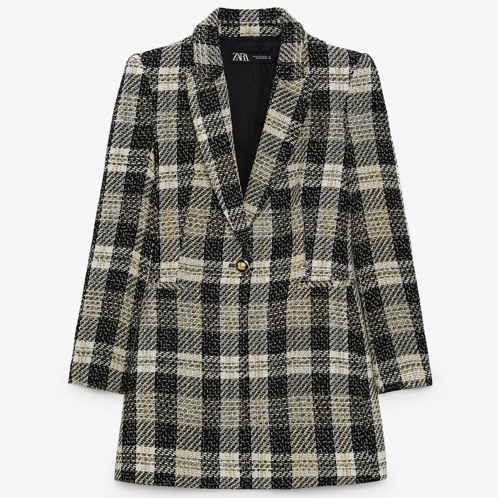 Zara LONGLINE TEXTURED PLAID BLAZER